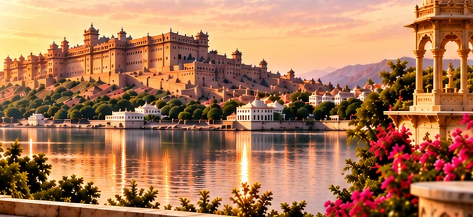 Illustrative Jaipur palace and lakeside destination artwork